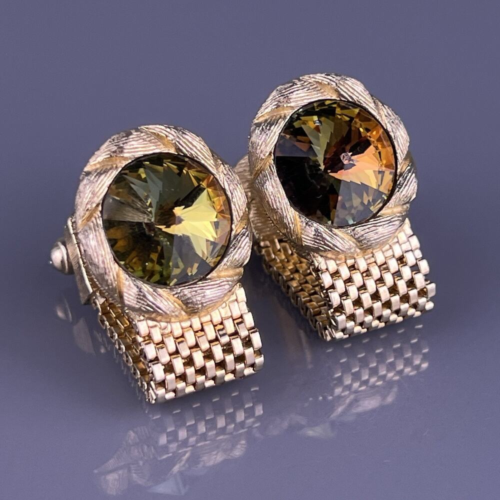 Amber Green Rivoli Rhinestone Wrap Around Cufflinks Gold Tone Wreath Swank VTG